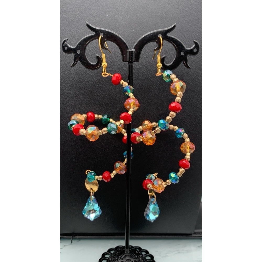 Handmade Gold Tone Faceted Bead Swirl Sun catcher Lightweight Dangle Earrings